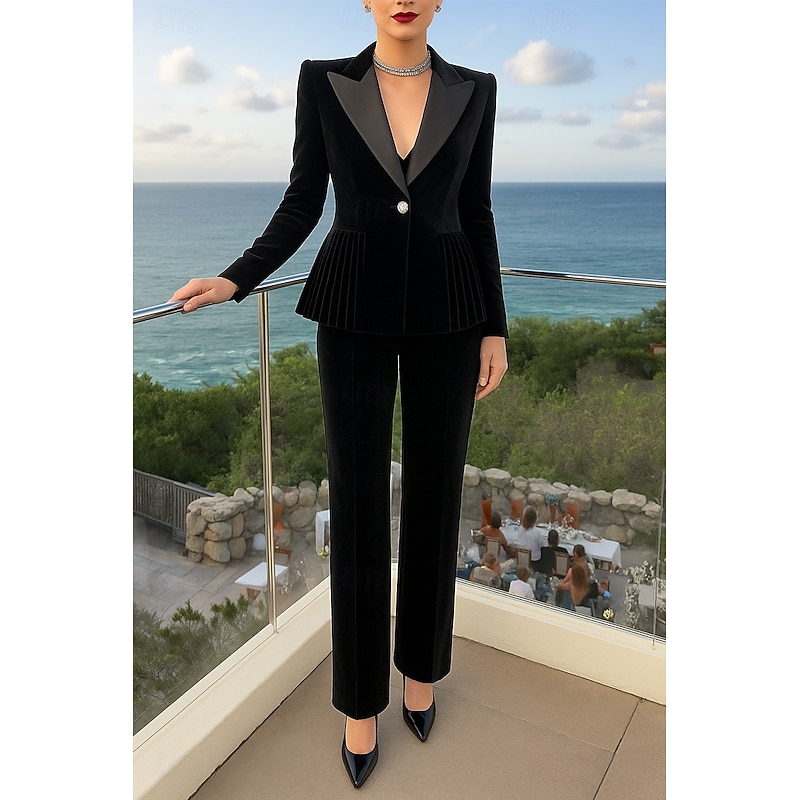 Women's 2 Pieces Suits Formal Wedding Guest Satin Velvet Elegant Minimalist Long Sleeve Ankle Length Peak Lapel Single Breasted