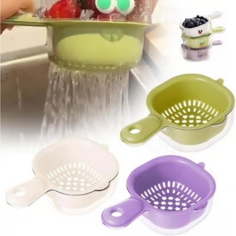 3pcs Kitchen Dual-Layer Draining Basket with Handle β Food-Grade Thickened Strainer for Washing Fruits and Vegetables, Multi-Functional Kitchen Basket
