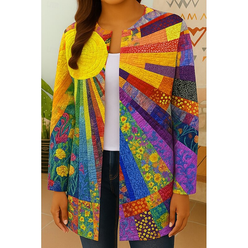 Women's Blazer Windproof Warm Patchwork Pocket Color Block Open Front Modern Boho Vintage Geometric Casual Daily Casual Daily Short Crewneck Regular Fit Long Sleeve Outerwear Yellow Red Orange Fall3