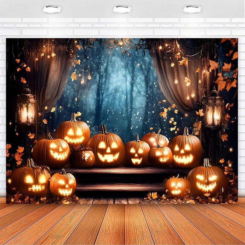 Halloween Wall Tapestry Backdrop – Glowing Jack-o'-Lantern Pumpkins Floating in Dark Spooky Night Sky with Swirling Vines, Creepy Party Wall Hanging Decoration4