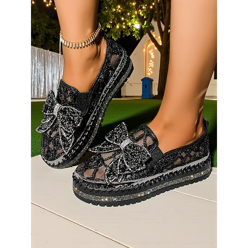 Women's Black Lace Slip-On Shoes with Rhinestone Bow Detailing - Glamorous Nightlife Party Footwear2