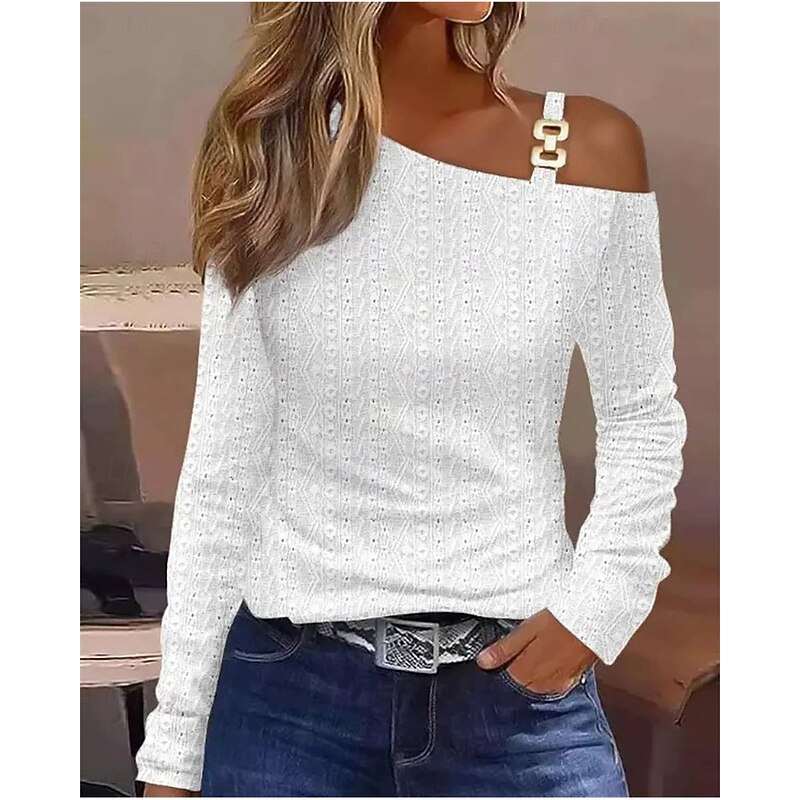 Women's T Shirt Plain Casual Long Sleeve One Shoulder Regular Tops Daily Going out Weekend Pearl White and gray White Ivory off-white Summer3