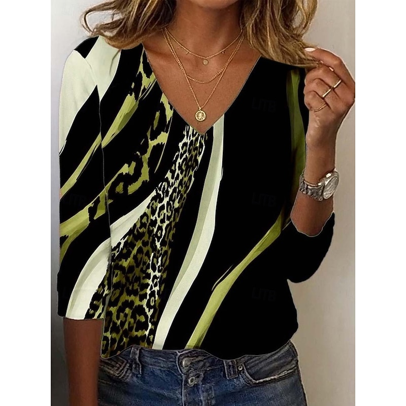 Women's Tunic T Shirt Leopard Color Block Letter Vintage Stylish Casual Long Sleeve V Neck Regular Tops Daily Sports Weekend Print Blue Purple Brown Green Fall3