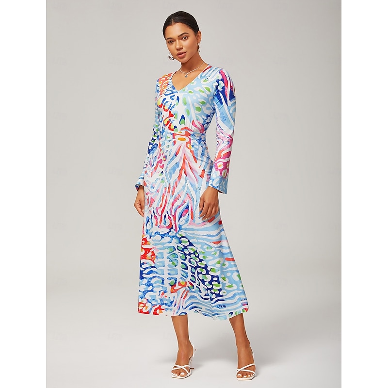 Women's Watercolor Leopard Print Bodycon Maxi Dress V Neck Flare Sleeve Stretch Fabric Wrap Style Elegant Stylish Casual Bold Print Daily Work Fall3