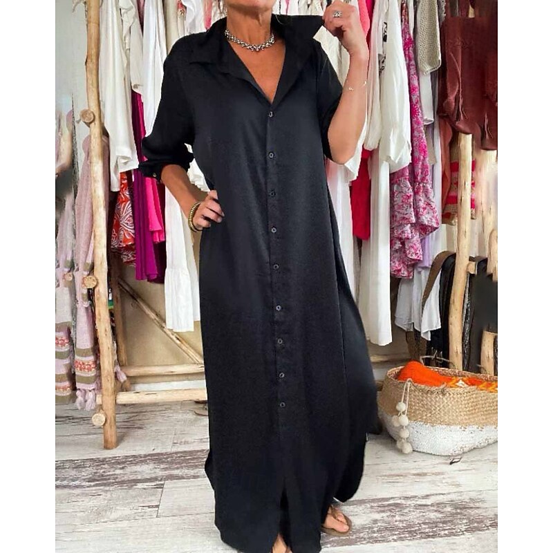 Women's Long Dress Maxi Dress Shirt Dress Classic Modern Outdoor Vacation Holiday Regular Fit Plain Long Sleeve Shirt Collar Black Yellow Wine Army Green Fall2