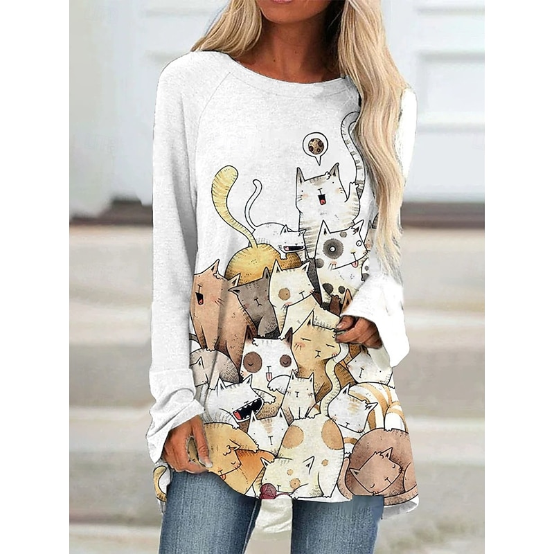 Women's T shirt Long Sleeve Graphic Animal Vintage Stylish Classic Long Sleeve Crew Neck Round Neck Regular Tops Daily Print White Red Blue Spring Fall Prefall2
