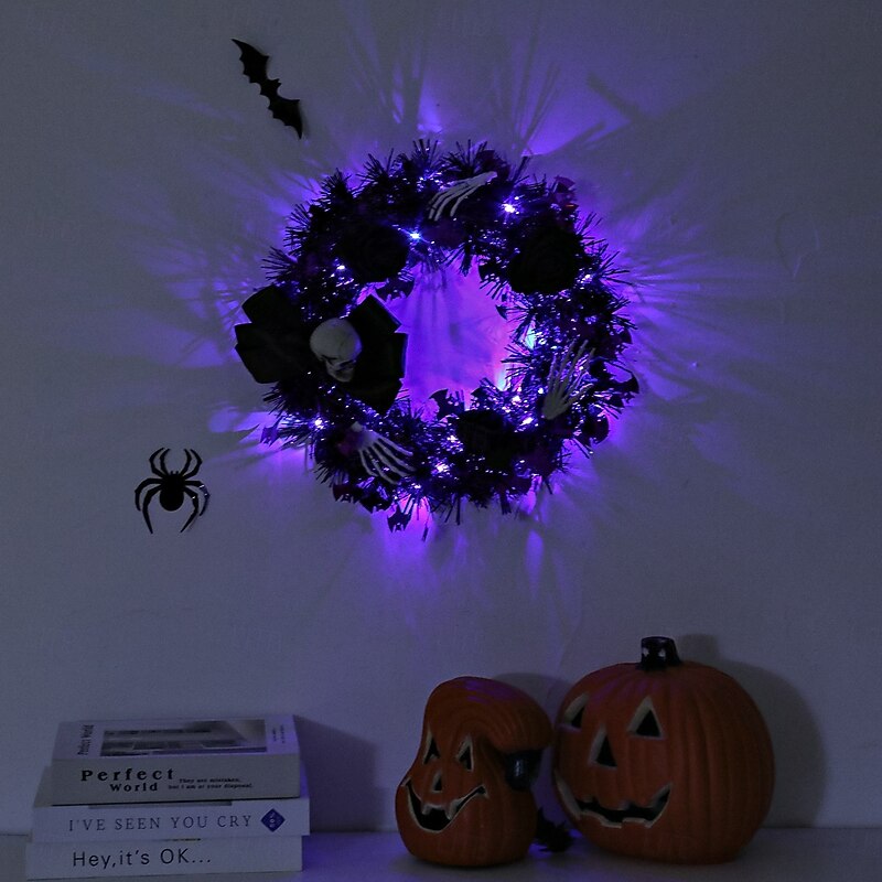 1 Pc diameter 35CM Halloween LED Rose Ghost Skull Luminous Wreath Indoor and Outdoor Entrance Door Ghost Festival Party Simulation Vine Ring Black Rose Door Hanging Vine Ring3