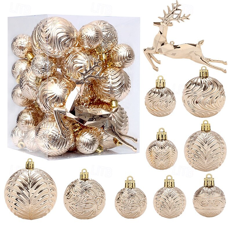 40 pcs Christmas Tree Balls Baubles Ornaments, Xmas Decoration, Champagne Gold Reindeer Painted Hanging Set, Festive Tree Decor for Holiday Celebration