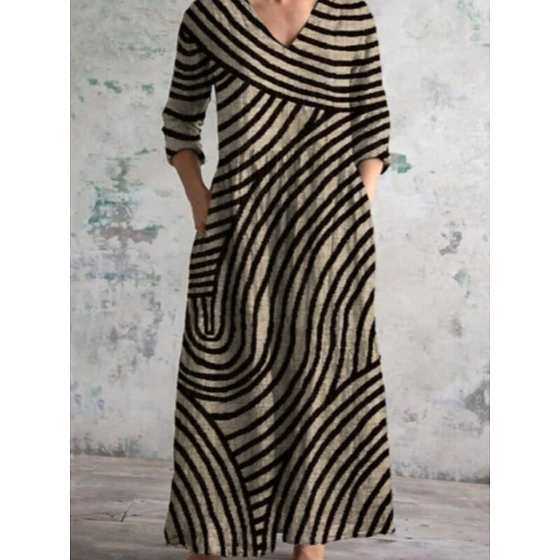 Women's Maxi Dress A Line Dress Casual Daily Regular Fit Floral 3/4 Length Sleeve V Neck Blue Green Apricot Beige Summer Spring Fall