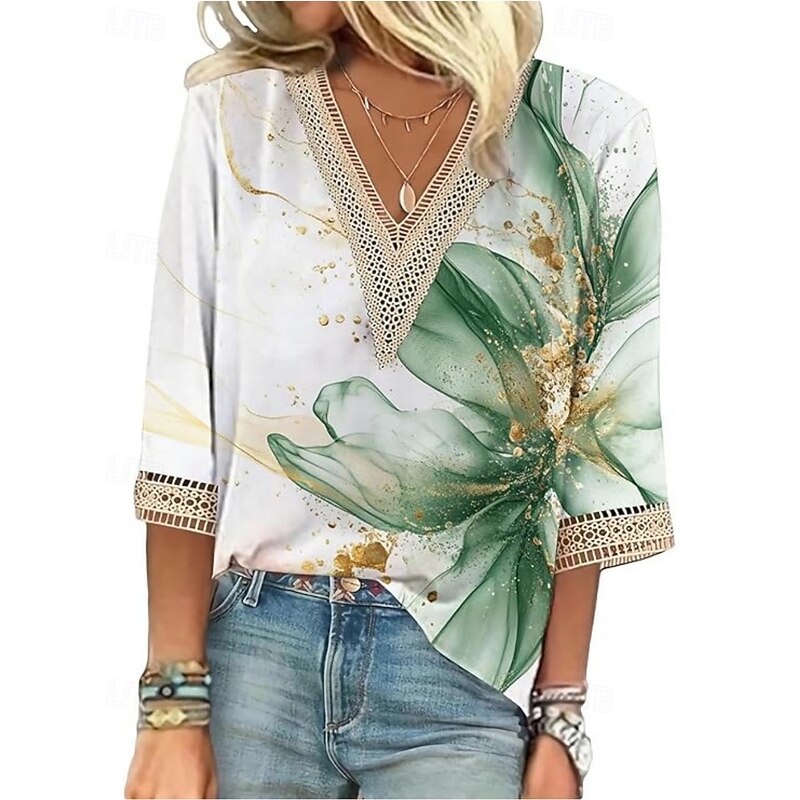 Women's Lace Shirt Blouse Flower Modern Casual 3/4 Length Sleeve V Neck Regular Tops Daily Holiday Lace Print Green Fall