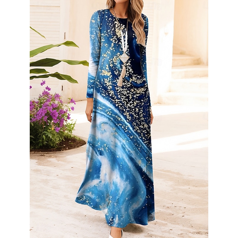 Women's Maxi Dress Vintage Bohemian A Line Dress Crew Neck Long Sleeve Casual Daily Regular Fit Graphic Geometric Blue Orange Green Dark Blue Spring Fall Winter2