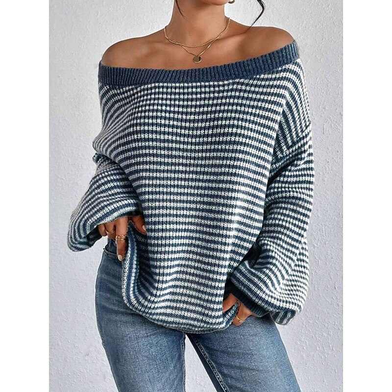 Women's Sweater Casual Soft Striped Ribbed Boat Neck Knitted Long Sleeve Regular Tops Knit Outdoor Daily Weekend Black Red Fall Winter3