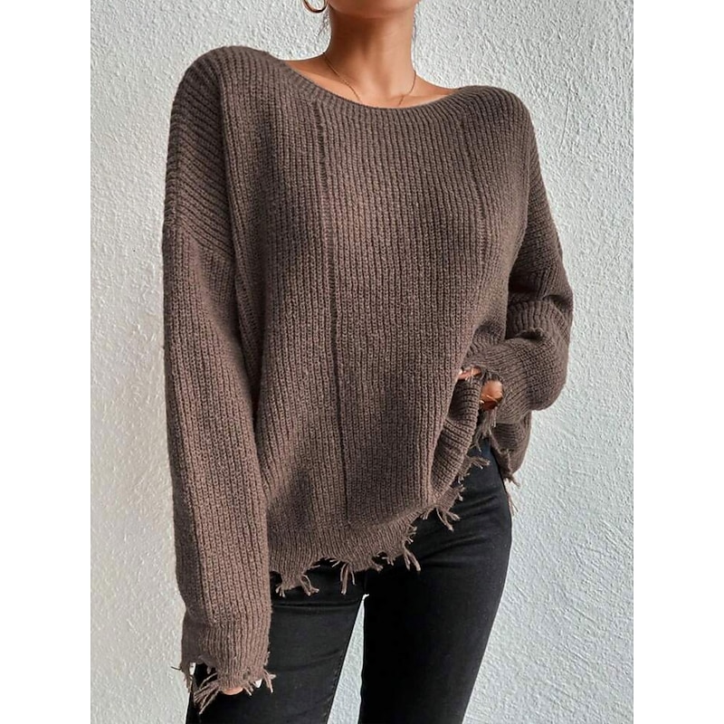 Women's Sweater Casual Soft Pure Color Ribbed Crew Neck Tassel Knitted Long Sleeve Regular Tops Knit Outdoor Daily Weekend Army Green Khaki Fall Winter