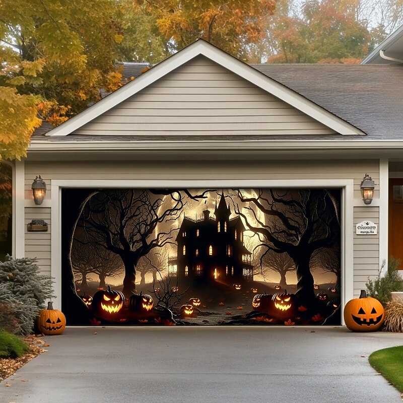 Halloween Tapestry Garage Door Cover Large Hanging Backdrop Pumpkin Castle Dark Punk Gothic Style Party Outdoor Shooting Backgrounds Front Door Home Decor2