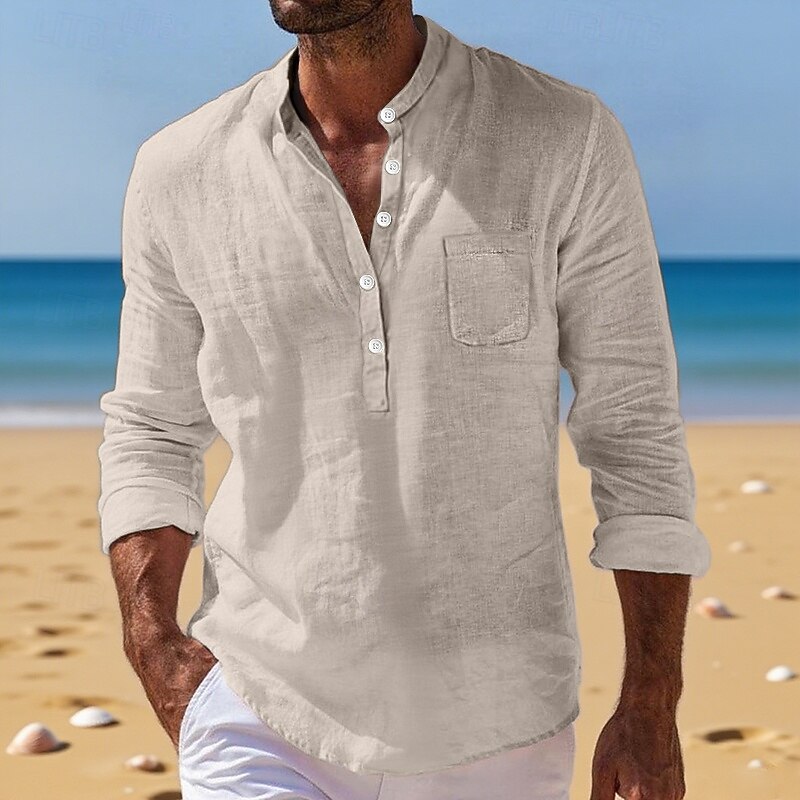 Men's Shirt Linen Shirt Band Collar Shirt Popover Shirt Summer Shirt Beach Wear Plain Vacation Holiday Black White Yellow Wine Long Sleeve Henley Summer Spring Clothing Apparel4