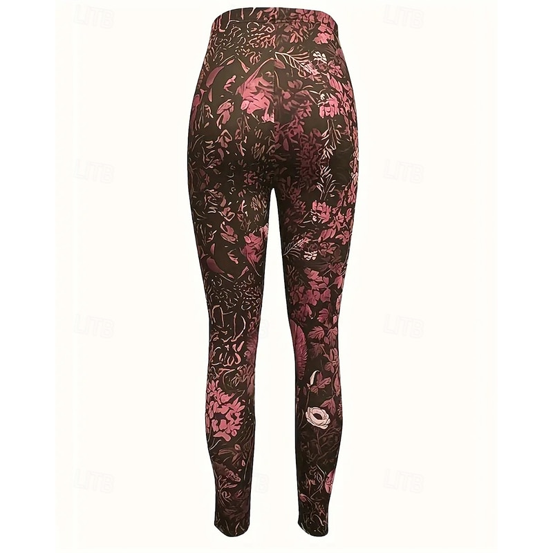 Women's Pants Trousers Leggings Cozy Leggings Streetwear Casual Full Length High Waist Floral Elastic Waist Print Breathability Comfortable Stretchy Vacation Street Daily Wear Wine Green Spring Fall3