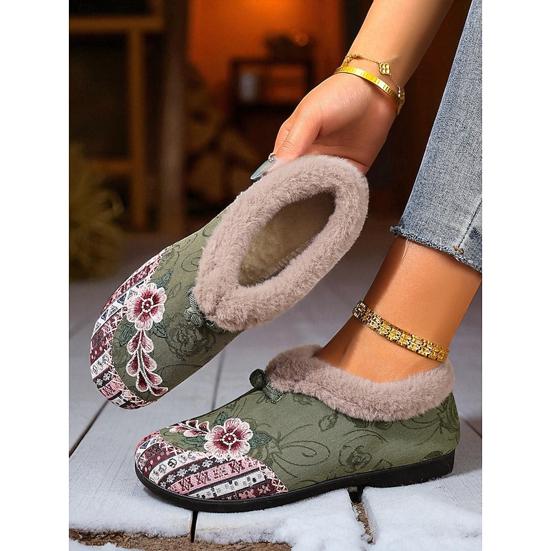 Women's Red Embroidered Fur-Lined Slip-on Shoes with Floral Pattern, Warm Winter Shoes for Christmas, Holiday Season and Casual Wear3