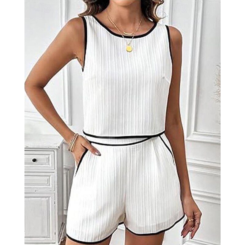 Women's Active Blouse Shorts Sets Sleeveless Crew Neck Color Block Patchwork Vacation Daily Wear White Summer Regular Fit