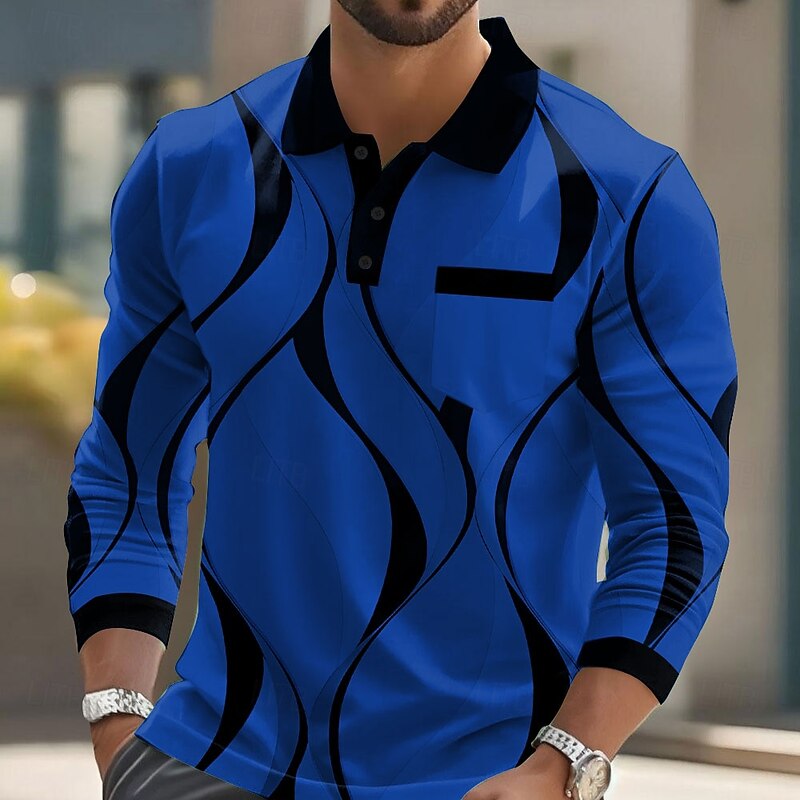 Men's Geometric Line Polo Long Sleeve Polo Shirts Lapel Business Casual Athleisure Daily Wear Pocket 3D Print Buttons Spring Fall White Blue Purple2
