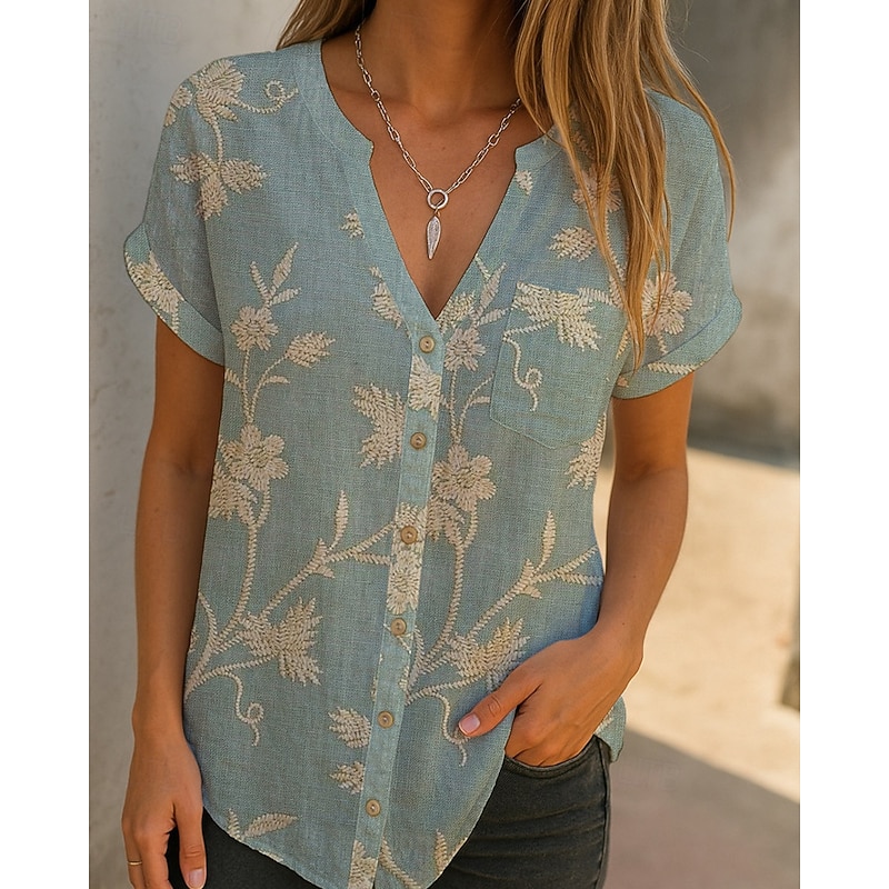 Women's Shirt Blouse Flower Modern Casual Short Sleeve V Neck Regular Tops Daily Holiday Buttons Print Grass Green Blue Purple Green Fall