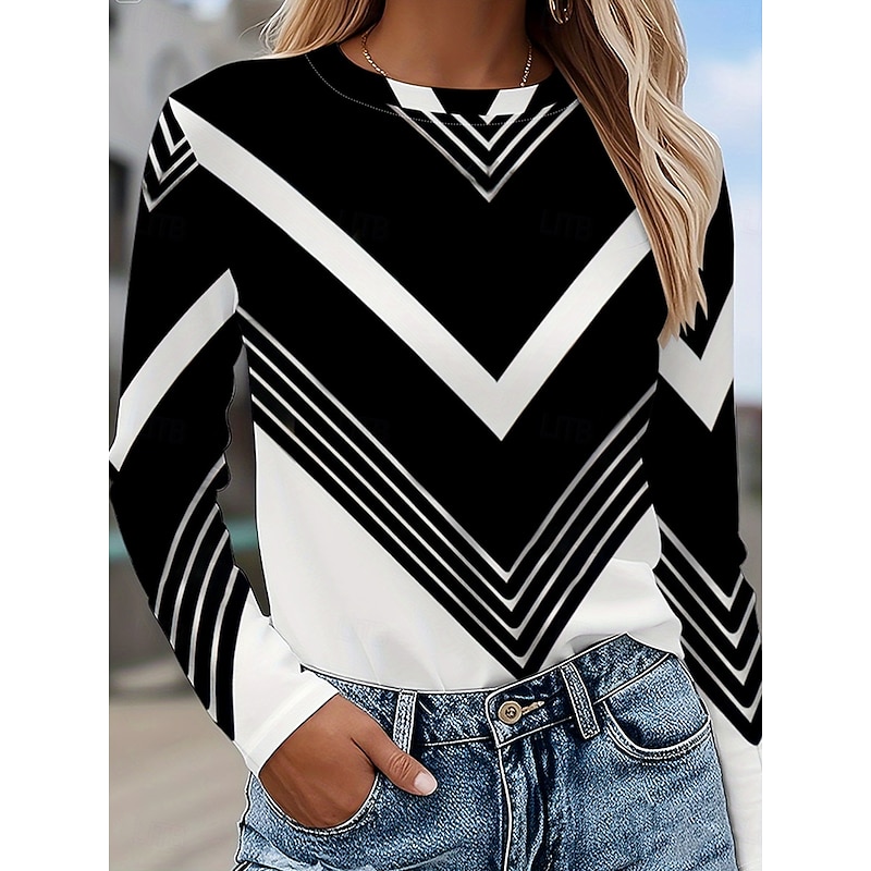 Women's T Shirt Graphic Geometric Striped Vintage Stylish Classic Long Sleeve Crew Neck Round Neck Regular Tops Daily Print Black and White Spring Fall Winter2