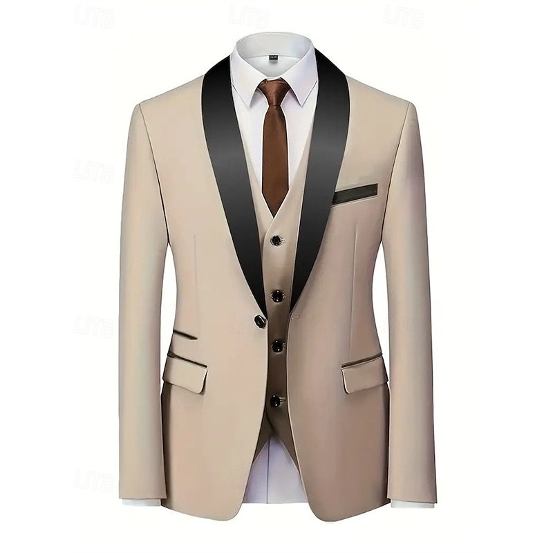 Men's Blazer+Vest+Dress Pants Set Suits Business Cocktail Party Wedding Party 3 Piece Fashion Casual Spring Fall Polyester Color Block Pocket Buttons Comfortable Single Breasted Blazer Black White3