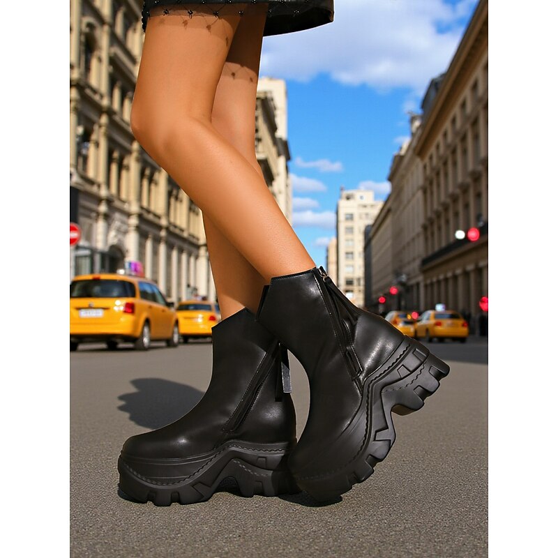 Women's Chunky Platform Ankle Boots with Side Zipper and Tassel Detail, Trendy Urban Fashion Footwear4