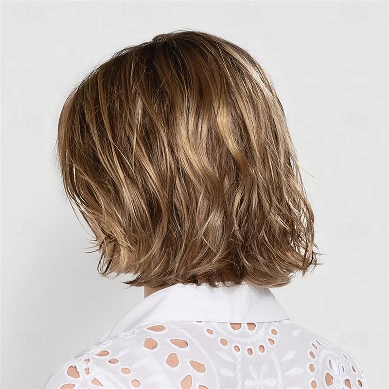 Women’s Golden Brown Ombre Short Bob Wig with Dark Roots Natural Looking Realistic Synthetic Hair Heat Resistant Wavy Elegant Daily Wear Fashion Style2