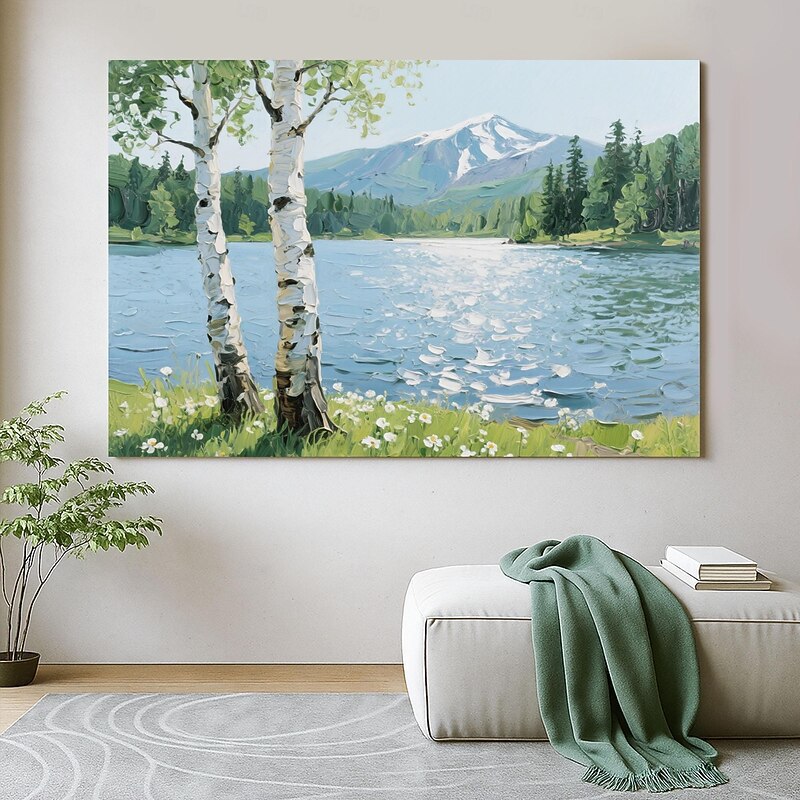 Lake and Birch Tree Oil Painting on Canvas,Hand Painted 3D Texture Mountain Landscape Artwork,Natural Wall Decor for Living Room or Office2