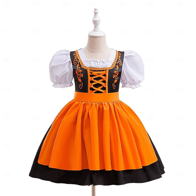Kids Girls' Party Dress Color Block Short Sleeve Special Occasion Halloween Party Halloween Custome Sweet Polyester Summer Spring Fall 6-12 Y Orange2