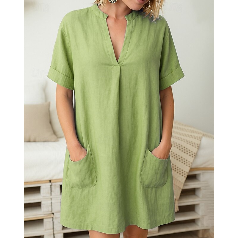 Women's Mini Dress Shirt Dress Casual Dress Cotton Linen Dress Classic Modern Outdoor Vacation Holiday Regular Fit Plain Short Sleeve V Neck Black Light Green Purple Light Blue Summer4