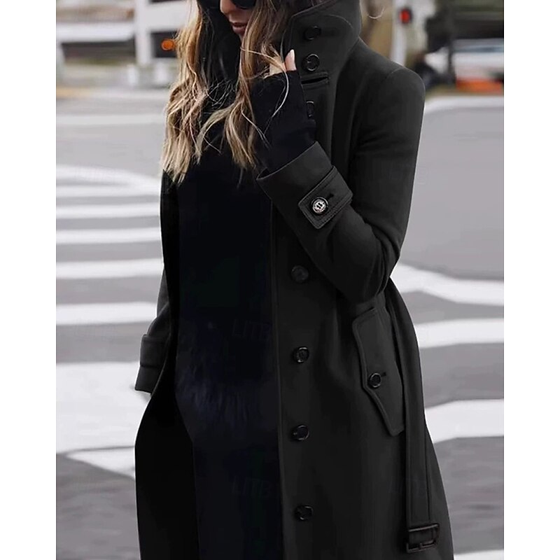 Women's Casual Jacket Trench Coat Warm Comfortable Pocket Buttons Fashion Outdoor Plain Going out Weekend Single Breasted Regular Stand Collar Regular Fit Long Sleeve Outerwear Black Red Khaki Fall2