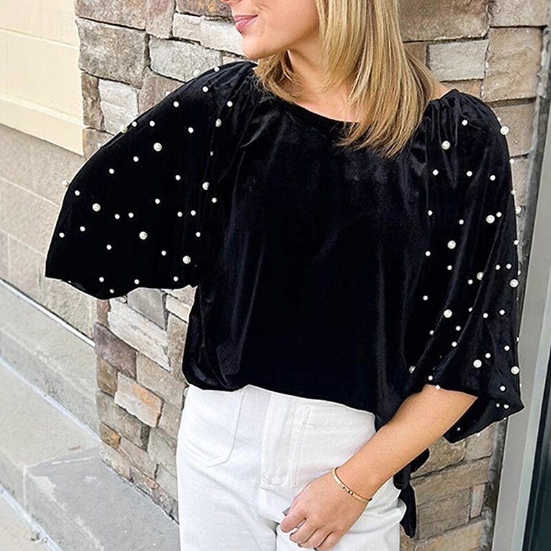 Women's T Shirt Tee Top Solid Color Elegant Fashion Half Sleeve Round Neck Regular Tops Daily Weekend Black Spring Fall