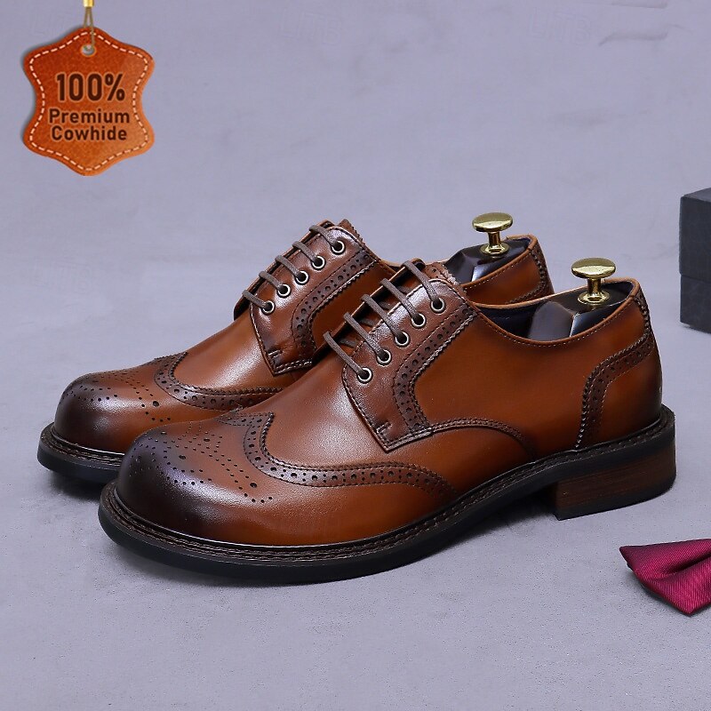 Men's Brown Leather Oxford Dress Shoes- Premium Full Grain Cowhide Brogues with Wingtip Detailing, Classic Lace-Up Design for Business Attire, Formal Meetings, and Office Wear