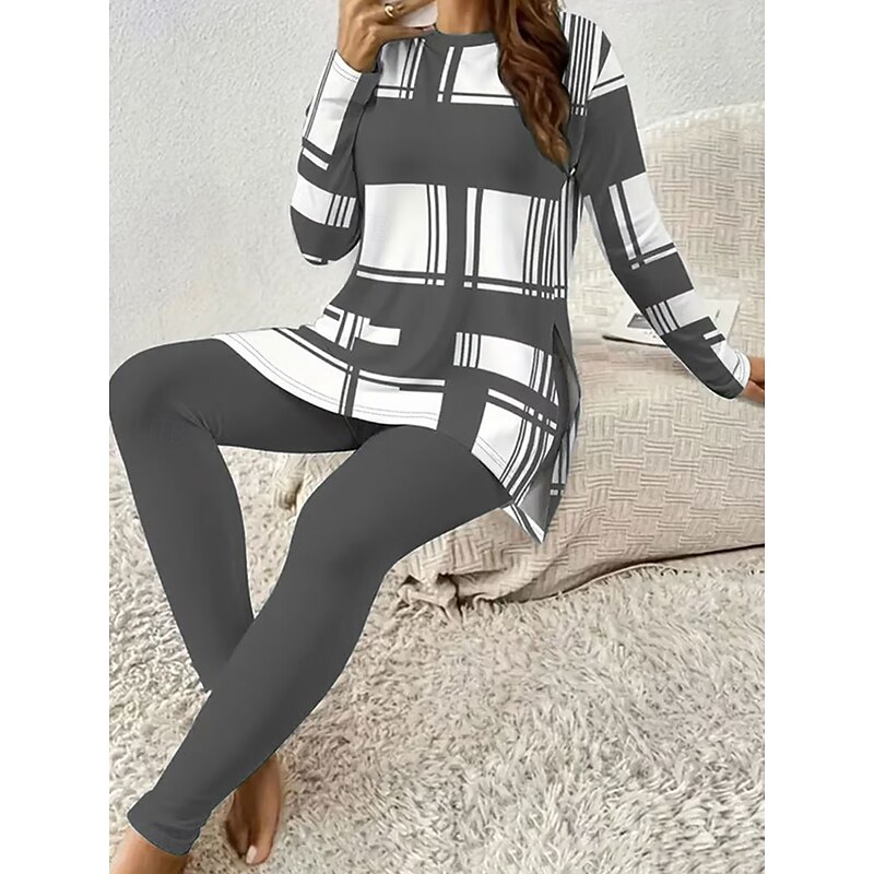 Women's Pajama Set Loungewear Round Neck Long Sleeve Casual Fashion Pants Sets Graphic Geometric Plaid Print Daily Daily Red Blue Green Spring Regular Fit2