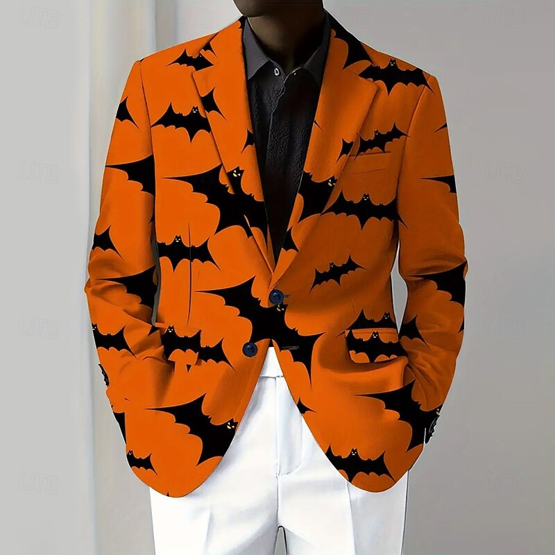 Halloween Men's Coat Blazer Outdoor Street Festival Casual Daily British All Seasons 100% Polyester Bat 3D Print Buttons Comfortable Single Breasted Blazer Black Orange Brown