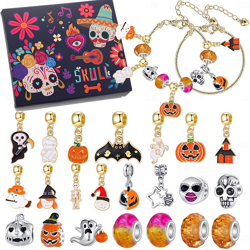 Halloween Advent Calendar Bracelets 2025 for Girls, Day of the Dead 24 Days DIY Jewelry Making Kit with 22 Charm Beads and 2 Adjustable Bracelets,Pumpkin & Skull Countdown Gift for Kids Teens Women