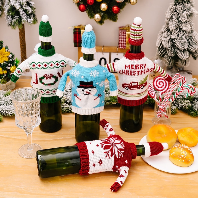 Christmas Wine Bottle Covers, Knitted Sweater Santa Snowman Wine Bottle Bags, Creative Holiday Table Decoration for Christmas Party, Kitchen, and Gift Wrapping3