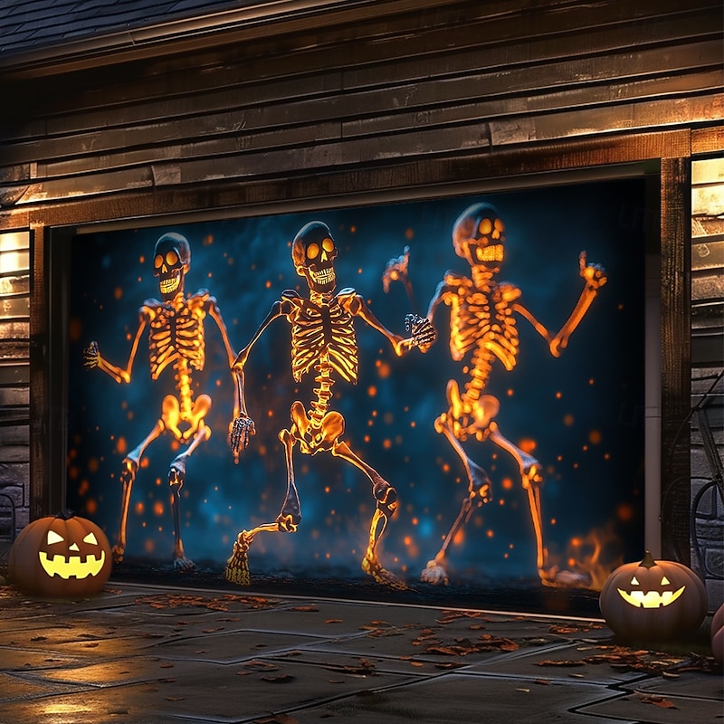 Halloween Garage Door Cover Large Hanging Backdrop Skeleton 3D Funny Dark Punk Gothic Style Party Outdoor Shooting Backgrounds Front Door Home Decor