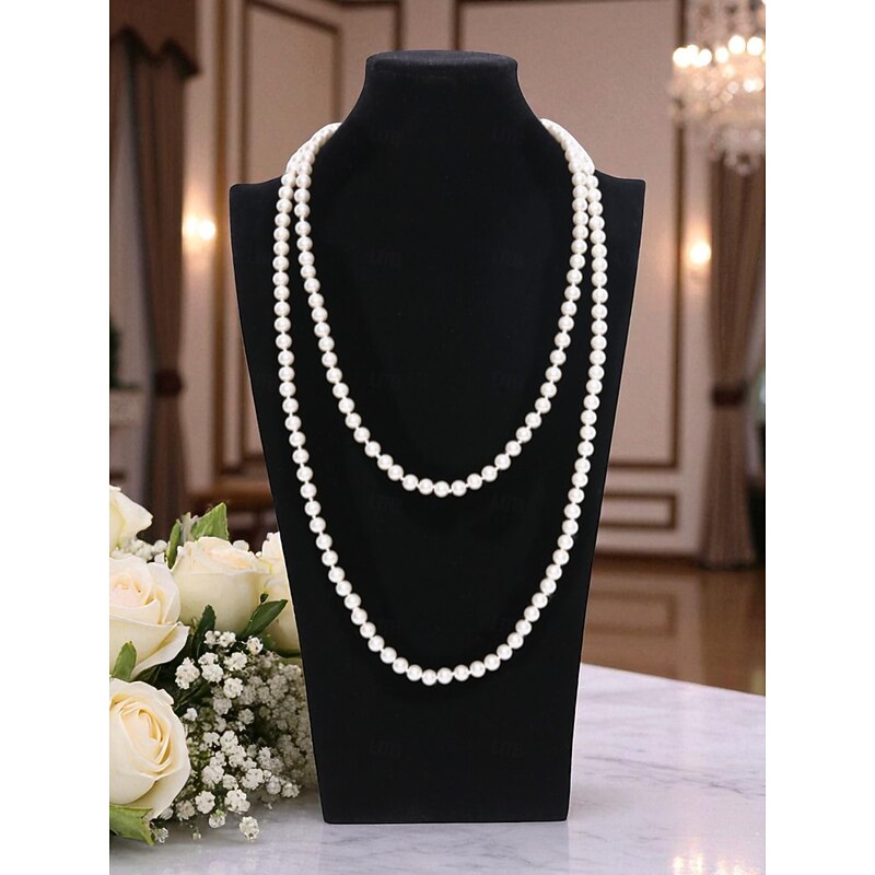 Women's Long Faux Pearl Necklace - 1920s Flapper Style Layered Jewelry for Gatsby Parties and Vintage Themed Events2