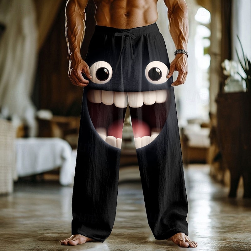 Men's 3D Cartoon Smile Face Trousers Baggy Pants Casual Pants Mid Waist Funny Outdoor Vacation Home Elastic Drawstring Waist Linen-Like Pants with Pockets Spring Fall 3D Print Black 1 Black 3 Black