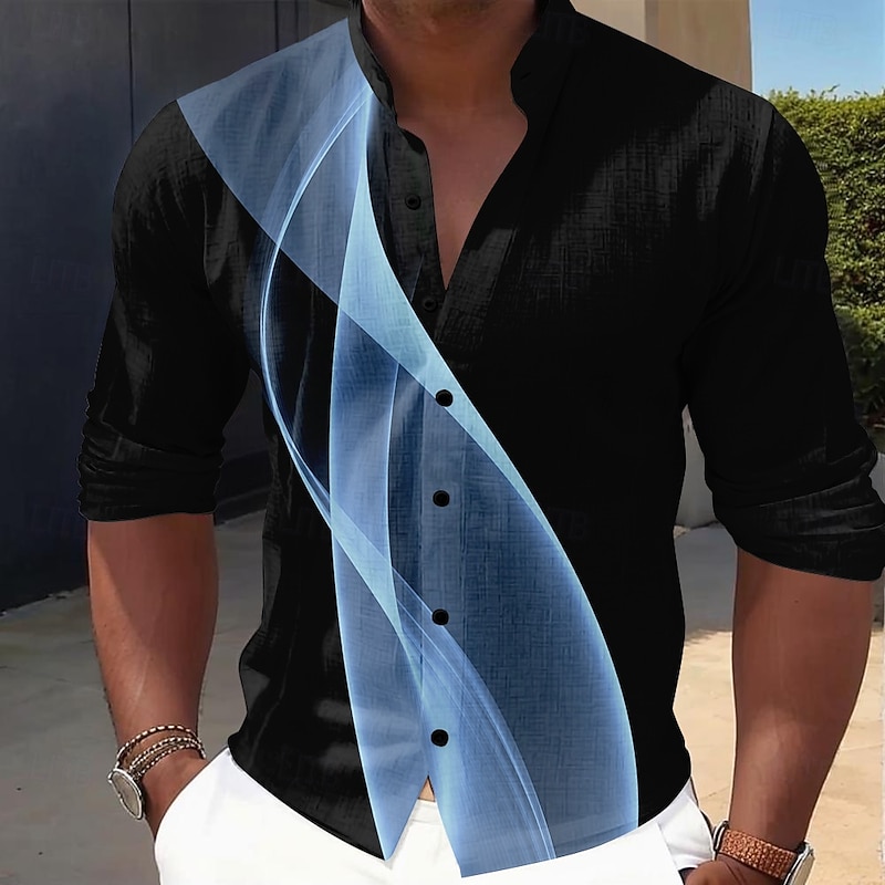 Men's Geometric Gradient Line Shirt Button Up Shirt Stand Collar Shirt Long Sleeve Casual Outdoor Vacation Daily Spring Fall Mandarin Collar Band Collar 3D Print Linen Like Shirt Black Grey Black