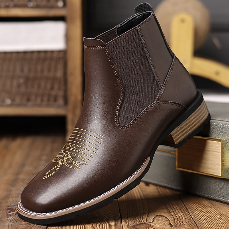 Men's Brown Chelsea Boots with Western Stitch Detailing – Stylish Ankle Boots for Fall Outfits, Country Weddings and Casual Business Wear