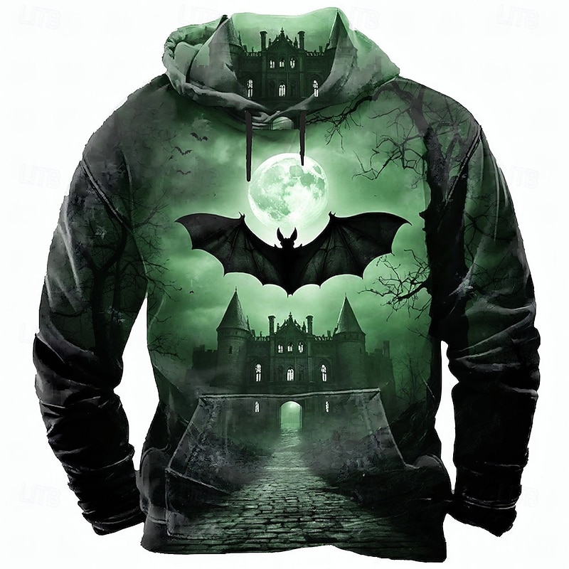 Halloween Men's Bat Castle Sweatshirt Punk Exaggerated Long Sleeve Crew Neck Club Streetwear Blue Purple Drawstring Fall Winter Designer3