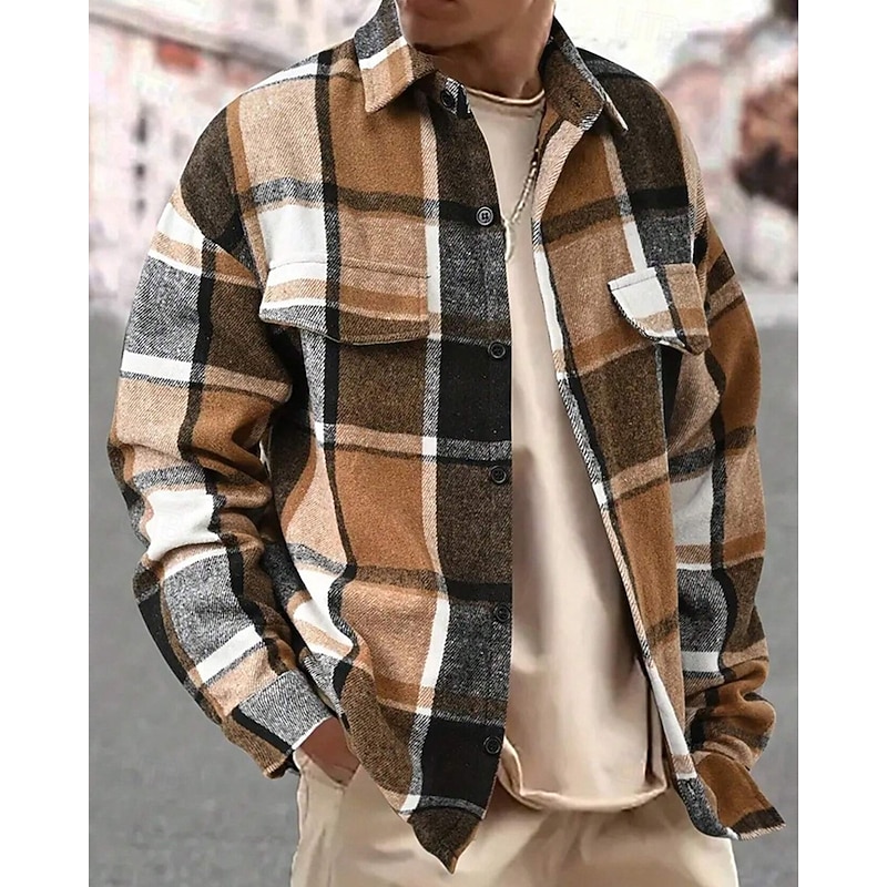 Men's Shirt Jacket Casual Jacket Vacation Daily Thermal Warm Pocket Spring Fall Plaid Fashion Classic Lapel Regular Dark Gray Yellow Orange Light Grey Rose Jacket2