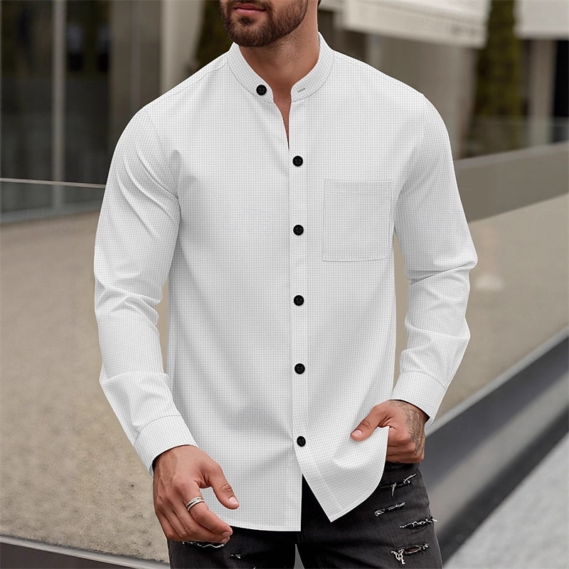 Men's Shirt Summer Shirt Casual Shirt Beach Shirt Button Up Shirt Black White Wine Dark Green khaki Long Sleeve Plain Band Collar Vacation Hawaiian Pocket Clothing Apparel Polyester Fashion Casual
