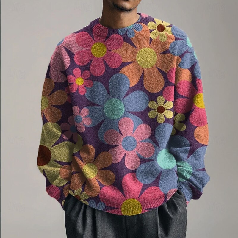 Men's Floral Animal Pullover Sweater Jumper Knitwear Crewneck Casual Vacation Home Daily 3D Print Knitting Keep Warm Long Sleeve Spring Fall Winter Black White Pink3