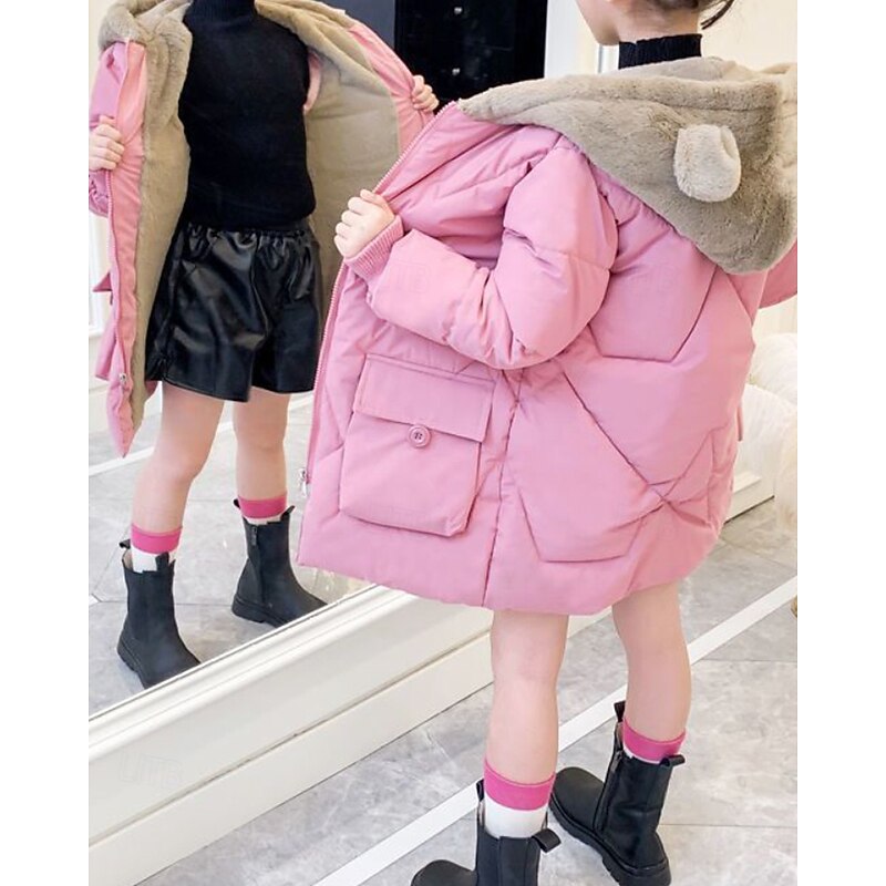 Kids Girls' Down Coat Solid Color Fashion Zipper Pocket School Coat Outerwear 4-12 Years Winter Yellow Pink Red