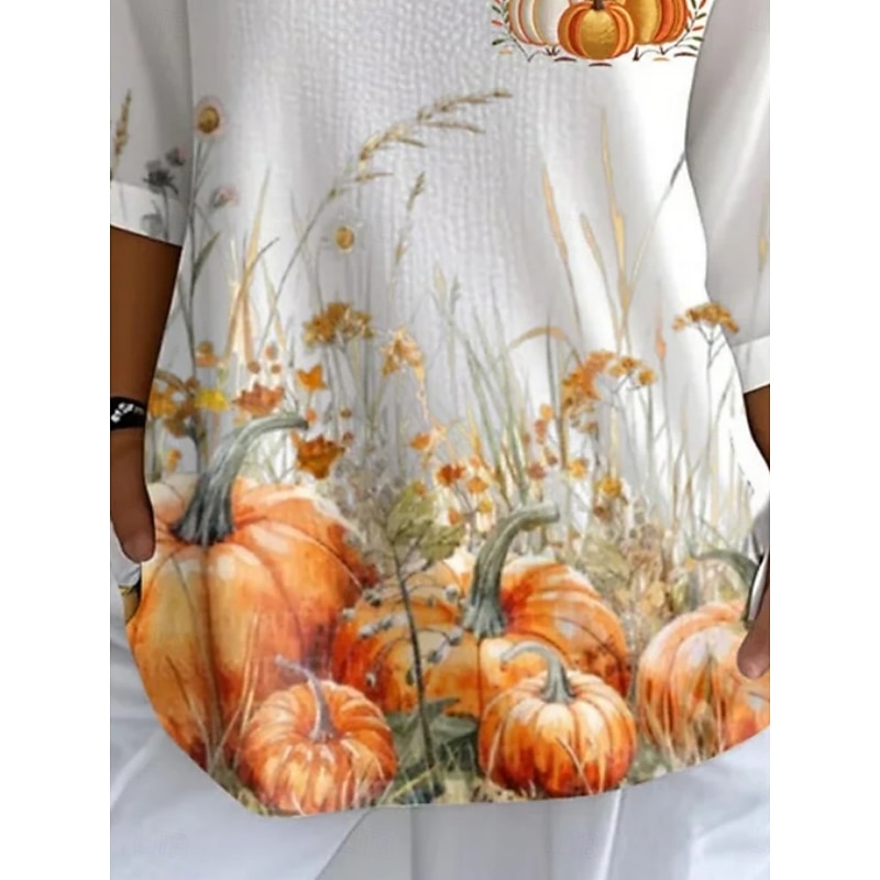 Halloween Women's Blouse Pumpkin Daily Casual 3/4 Length Sleeve V Neck Regular Tops Daily Holiday Print White Summer Spring Fall2