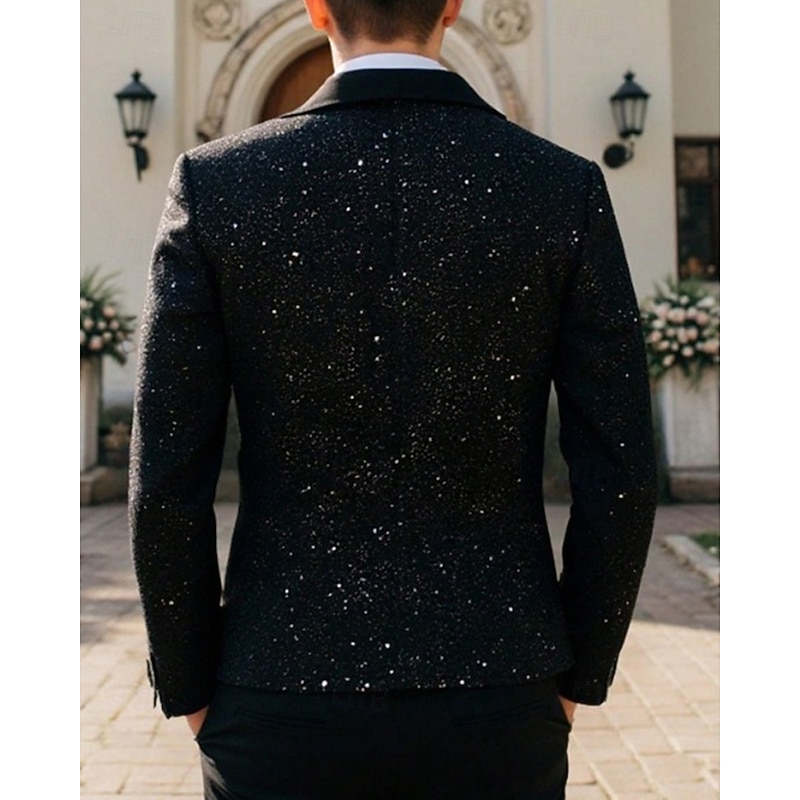 Men's Blazer Business Cocktail Party Wedding Party Fashion Casual Spring Fall Polyester Plain Pocket Glitter Comfortable Single Breasted Blazer Black2